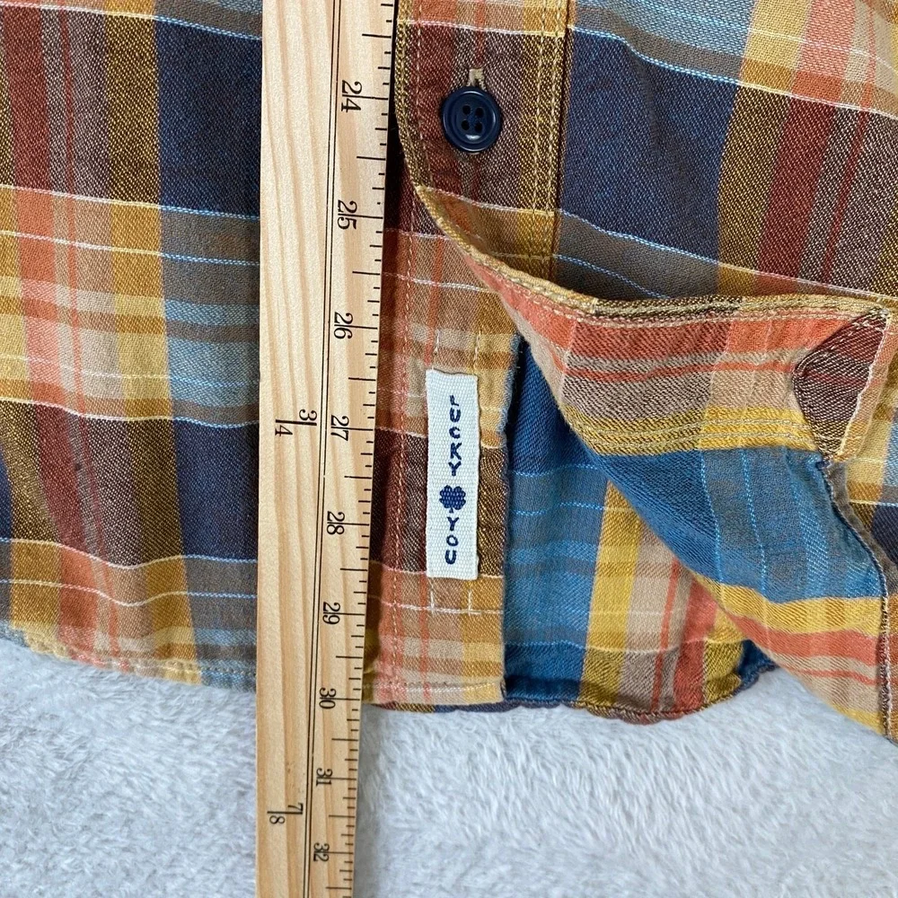 Lucky Brand Dungarees Shirt Men M Navy Gold Plaid Fall Button Up Flap Pockets